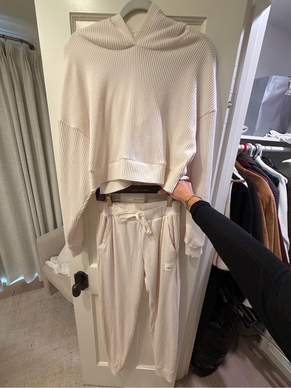 ALO Yoga Cream Ribbed Hoodie & Jogger Set